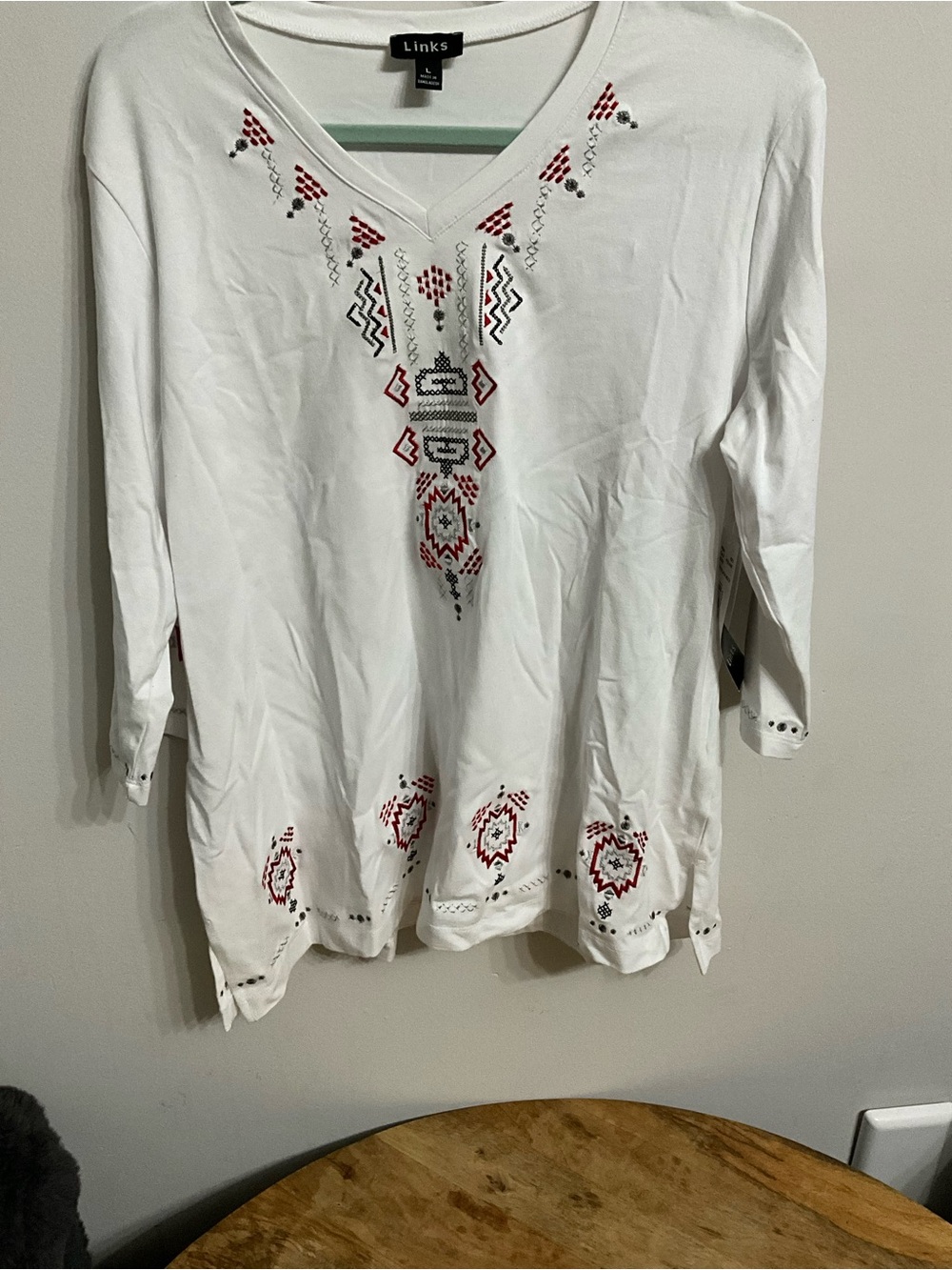 Links White V-Neck Tunic with Red & Gray Embroidery